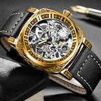 GESMART Men's Retro Engraved Skeleton Mechanical Watch Genuine Leather Water Resistant European Style