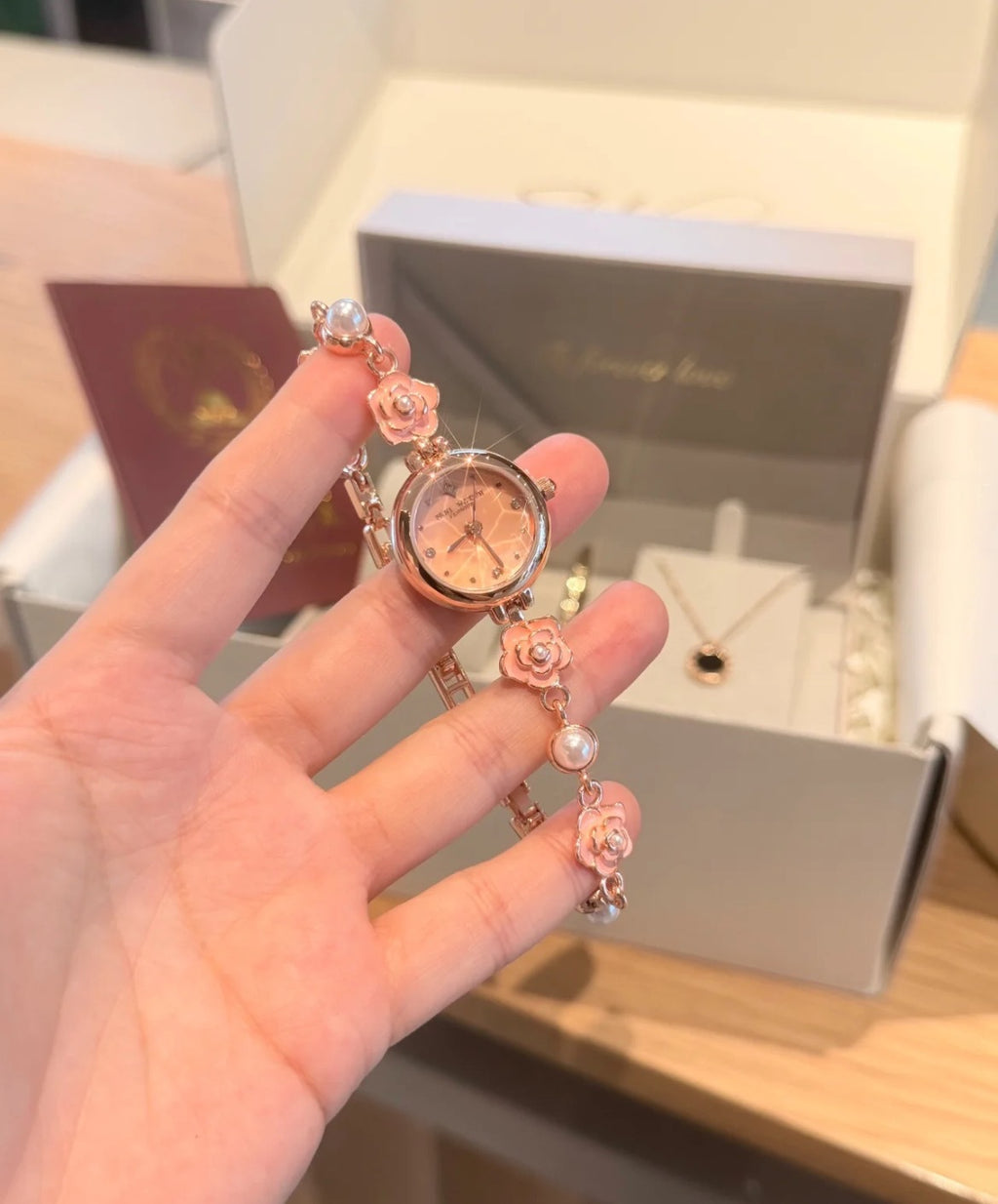 Women's Camellia Mother-of-Pearl Rhinestone Bracelet Quartz Watch