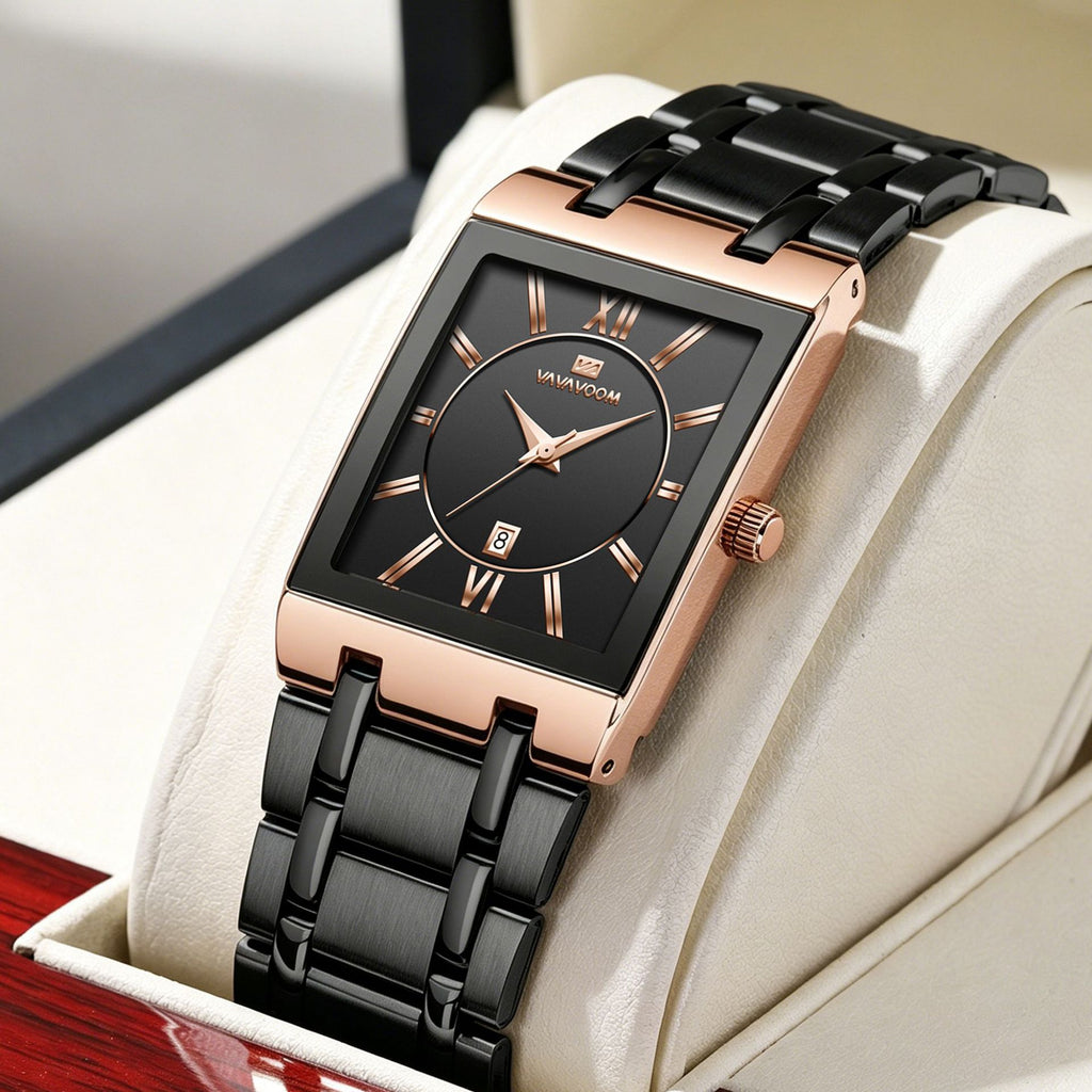 GESMART Men's Rectangular Stainless Steel Gold Tone Watch Calendar Quartz Water Resistant Large Dial Business