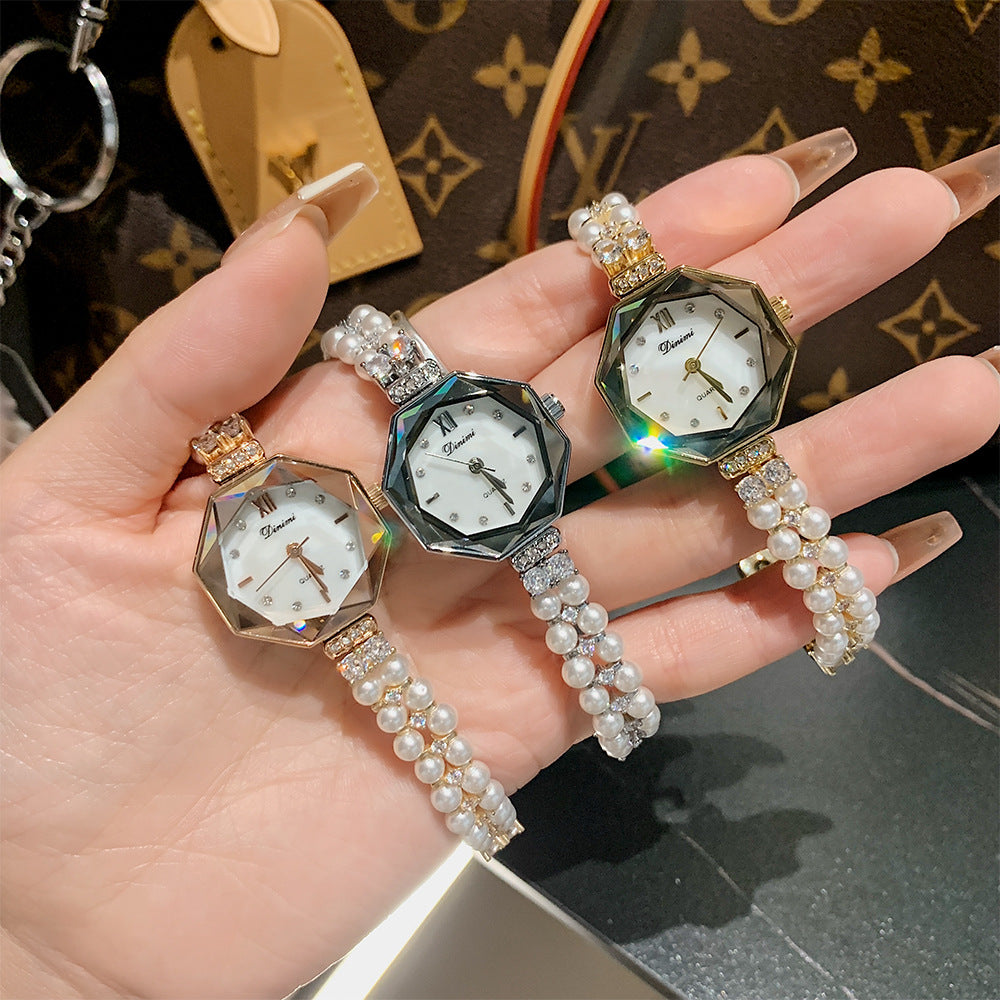 Women's Pearl Bracelet Rhinestone Quartz Watch