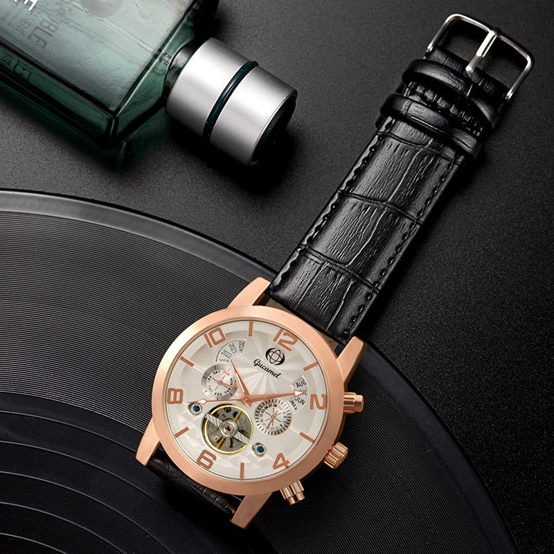 GESMART Men's Tourbillon Automatic Mechanical Watch Perpetual Calendar Leather Band Business