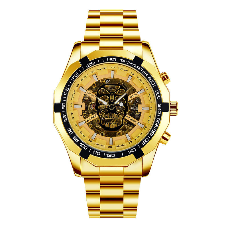 GESMART Men's Gold Tone Skeleton Automatic Mechanical Watch Skull Design Business Trendy