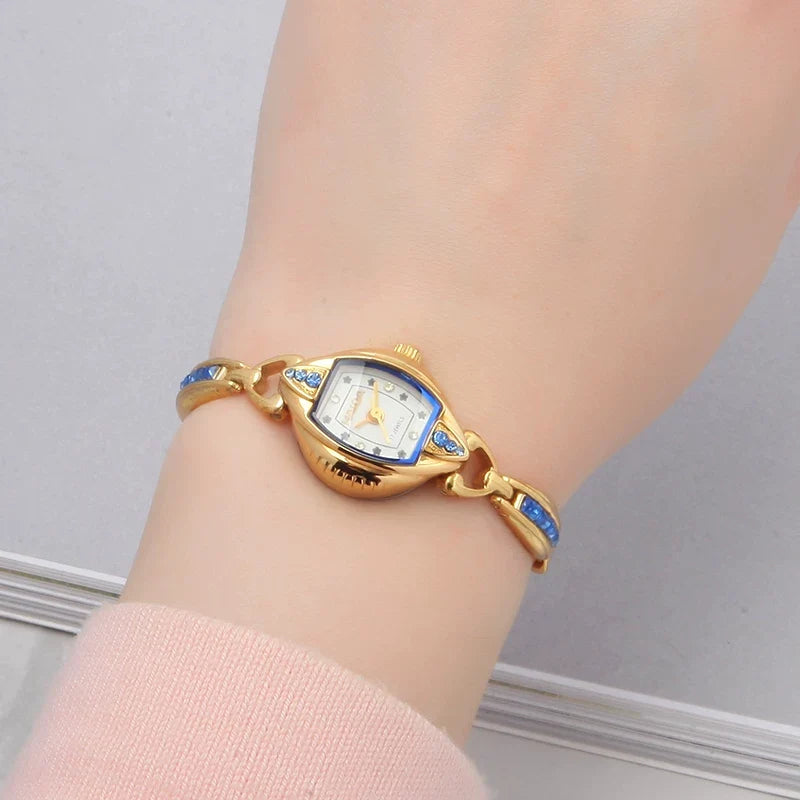 HAIDA Ladies Manual Wind Mechanical Watch Gold-Plated Blue Glass Crystal Fashion