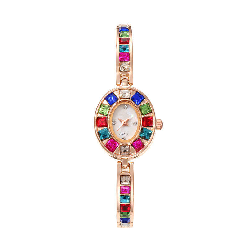 Women's Oval Rainbow CZ Bangle Bracelet Quartz Watch