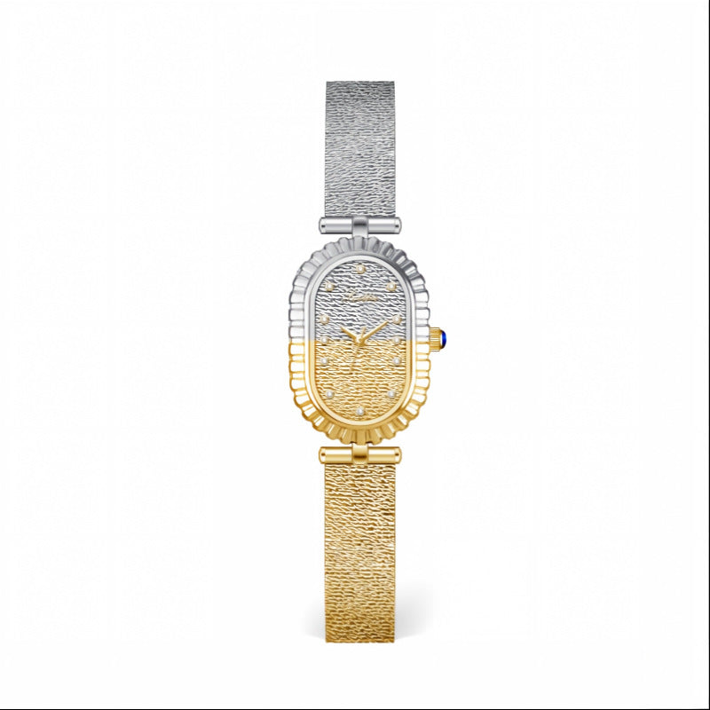 GESMART Women's Two Tone Gold Silver Oval Dial Watch Textured Mesh Band Diamond Studded Quartz