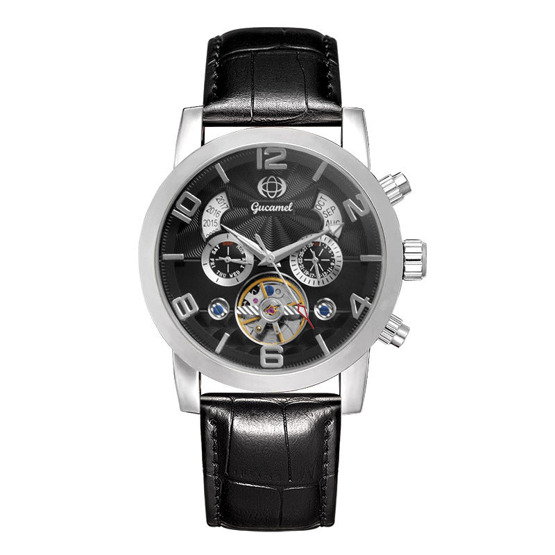 GESMART Men's Tourbillon Automatic Mechanical Watch Perpetual Calendar Leather Band Business