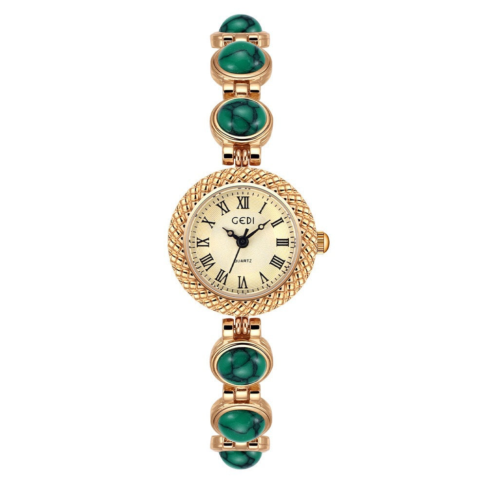 Women's Vintage Turquoise Gold-Bead Bracelet Quartz Watch