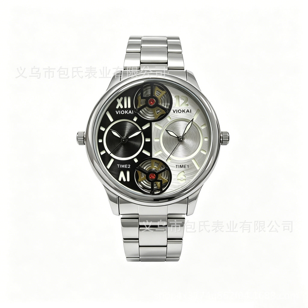 GESMART Men's Dual Time Zone Watch Steel Band Luminous Water Resistant Business