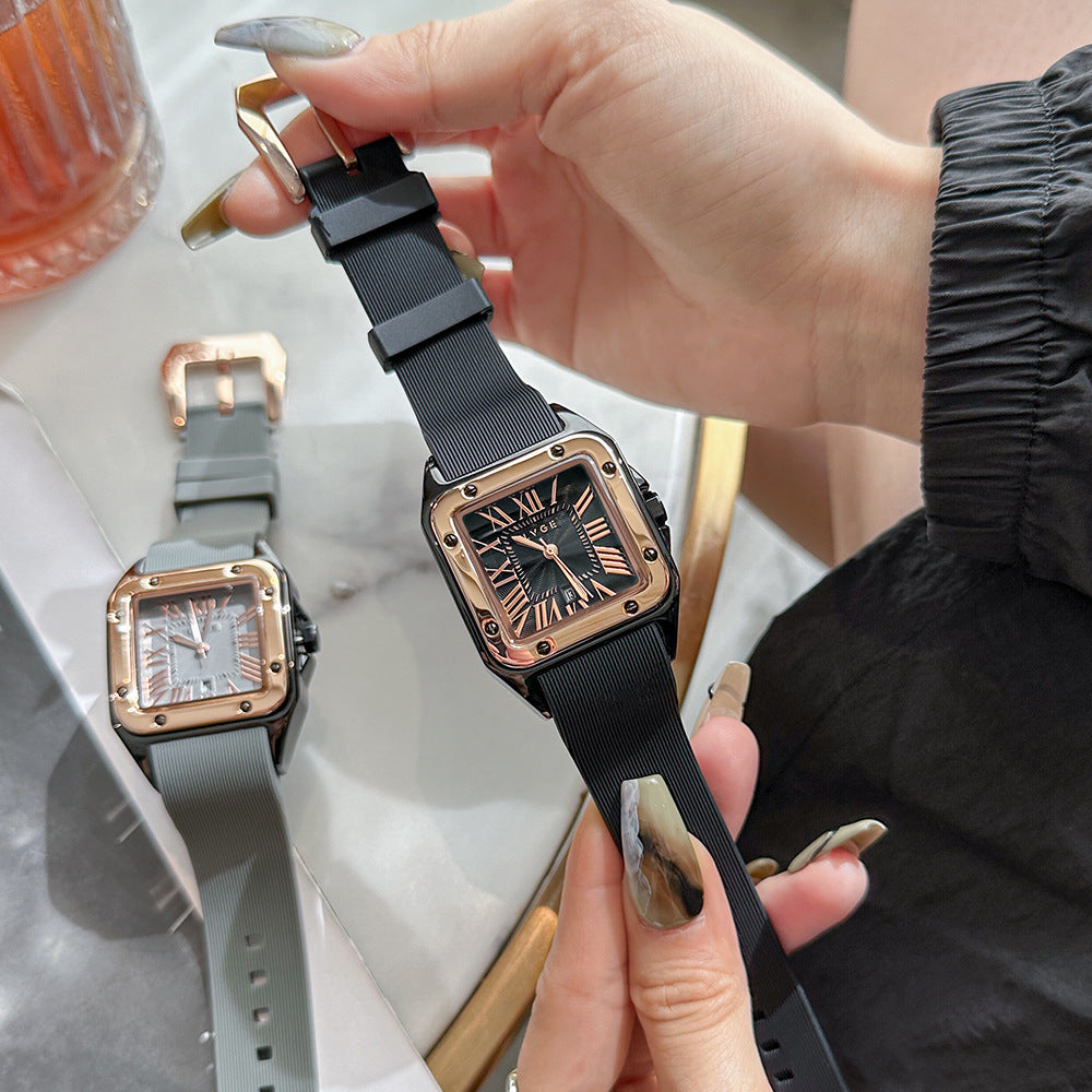 Women's Minimalist Roman Numeral Calendar Square Silicone-Strap Quartz Watch
