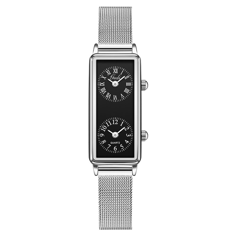 Women's Vintage Roman Numeral Small Square Dual-Time Mesh-Band Quartz Watch