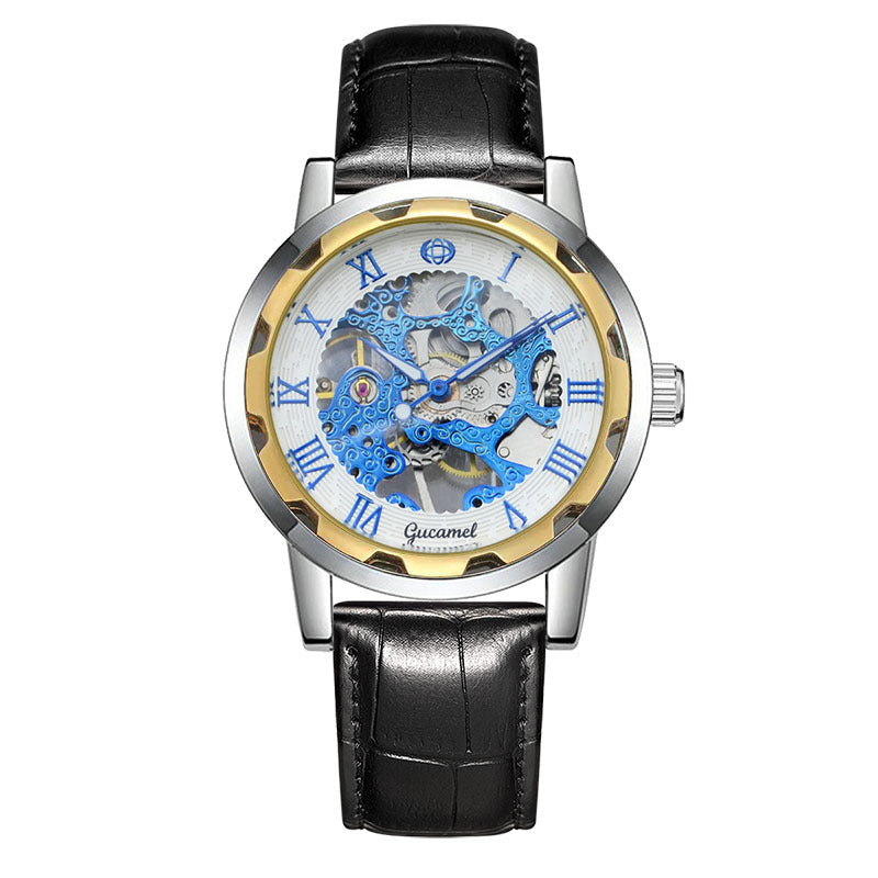 GESMART Men's Gold Tone Steel Band Skeleton Hand Winding Mechanical Watch Fashion Trendy