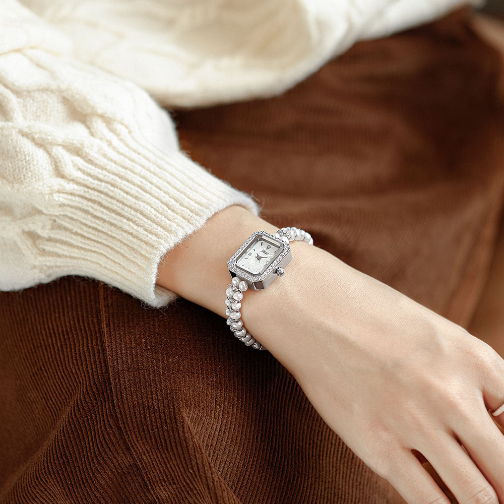 Women's Pearl Bracelet Quartz Watch, Slim Dial