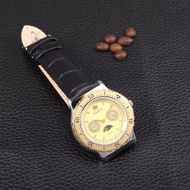 HAIDA Men's Multi-Function Quartz Watch 5 Hands Subdials Moonphase NOS