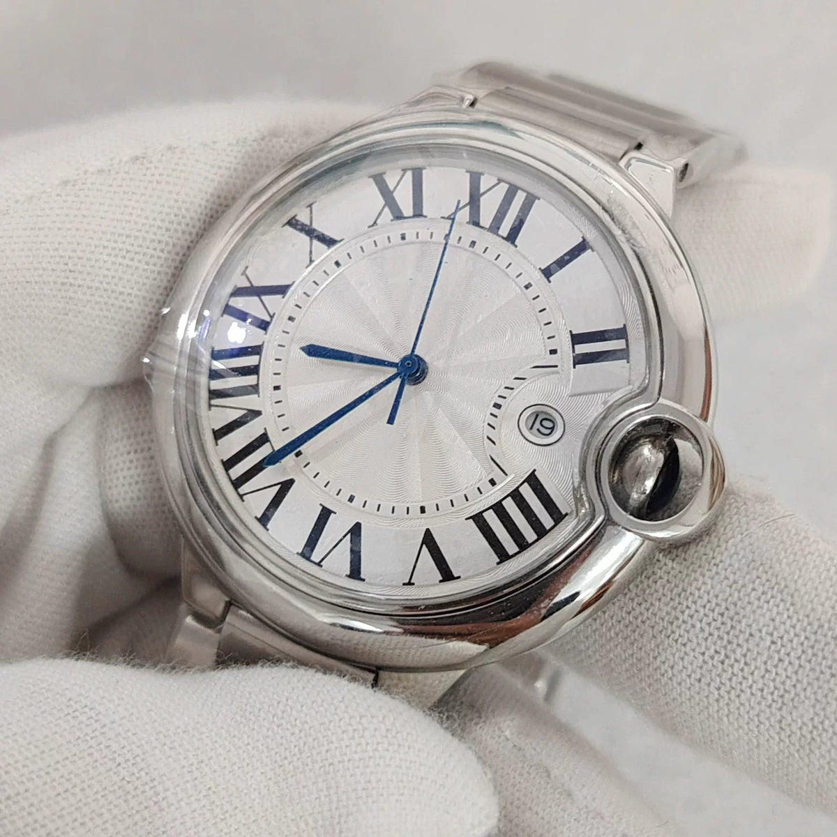 Men's 42mm Watch White Dial Non-Luminous Solid Back Mineral Glass 8215