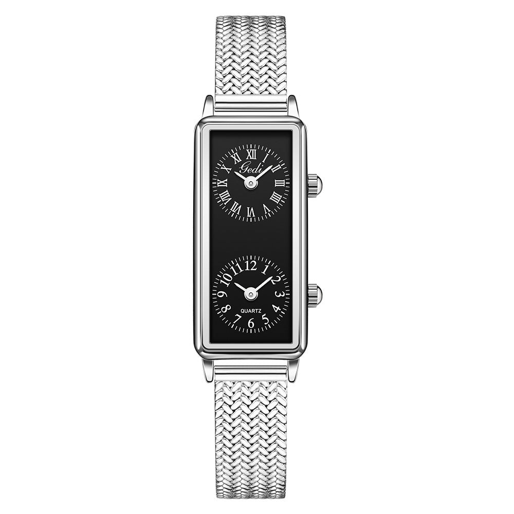 Women's Vintage Roman Numeral Small Square Dual-Time Mesh-Band Quartz Watch