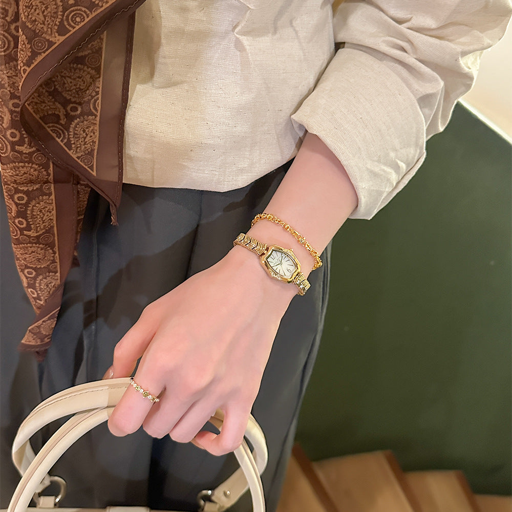 Women's Vintage Mother-of-Pearl Rhinestone Gold Quartz Watch
