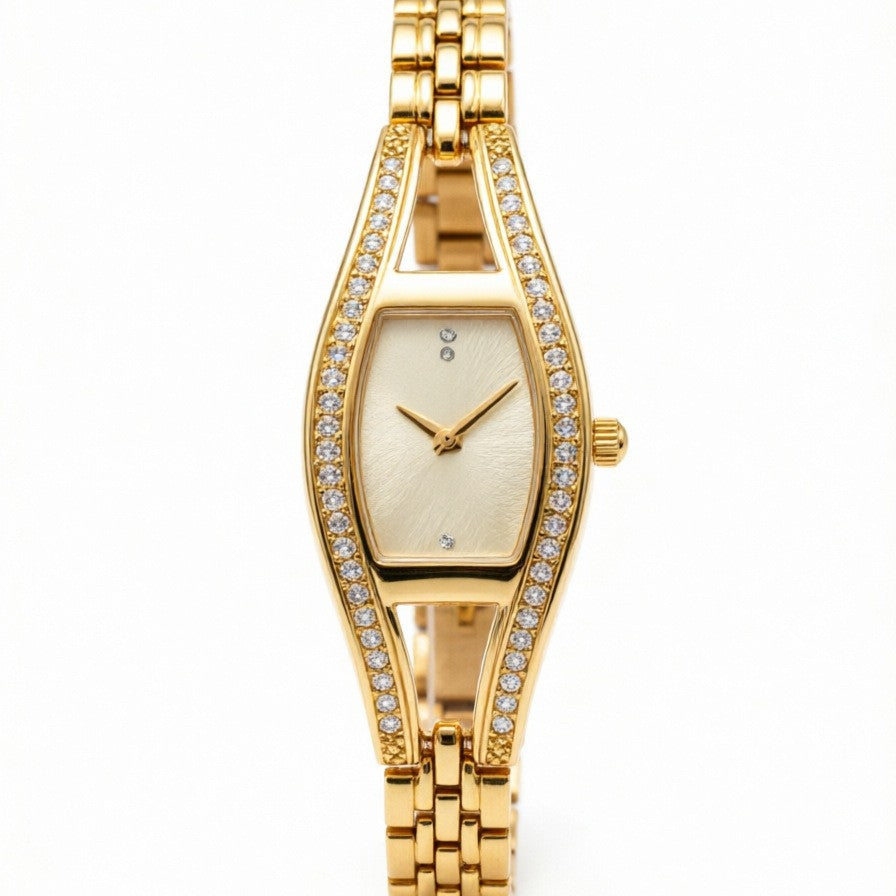 Women's Vintage Crescent-Shaped Rhinestone Gold Quartz Watch