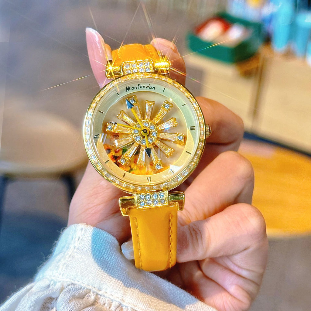 GESMART Women's Sunflower Fortune Wheel Quartz Watch Creative Turning Disc Ladies Wristwatch