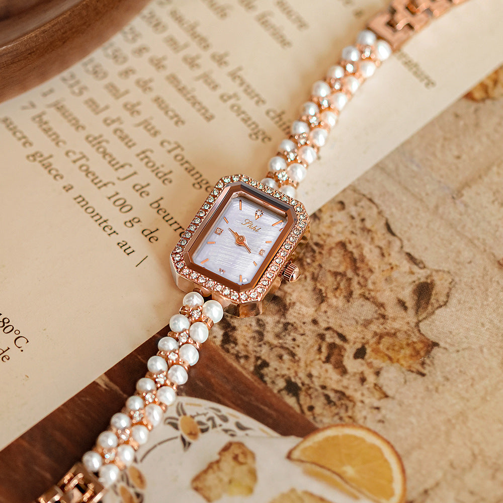 Women's Pearl Bracelet Quartz Watch, Slim Dial
