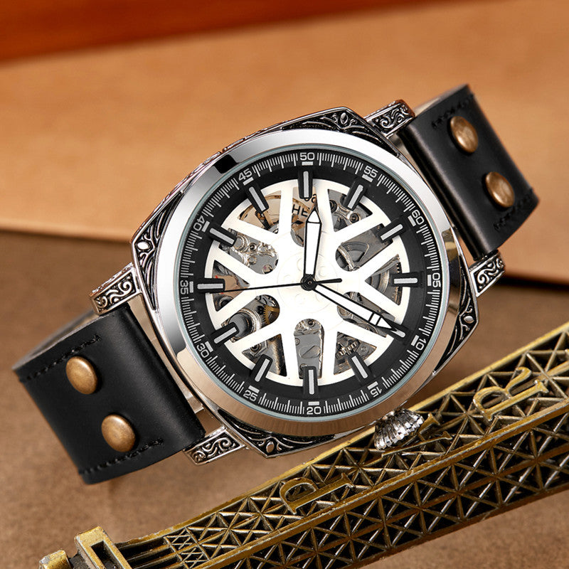 GESMART Men's New Automatic Mechanical Watch Multifunction Engraved Pattern Luminous Water Resistant