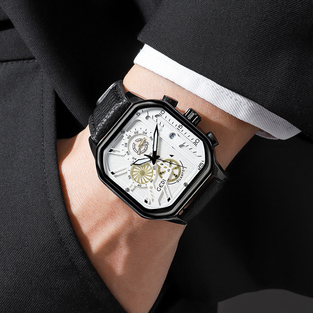 GESMART Men's Square Large Dial Quartz Watch Leather Band Stylish Low Key Personality Design