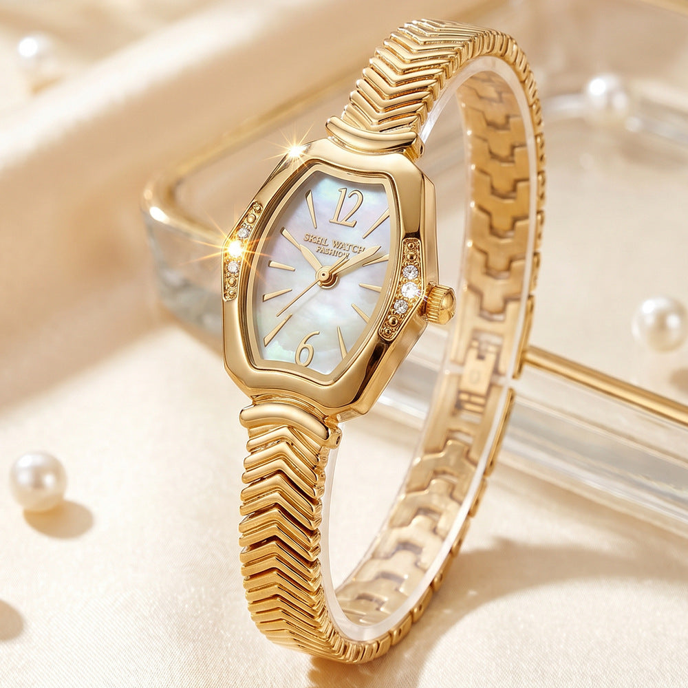 Women's Vintage Mother-of-Pearl Rhinestone Gold Quartz Watch