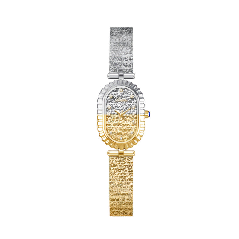 GESMART Women's Two Tone Gold Silver Oval Dial Watch Textured Mesh Band Diamond Studded Quartz