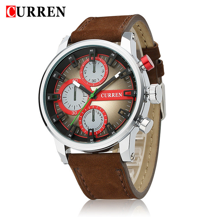 GESMART Men's Quartz Watch Three Sub Dials Chronograph Leather Band Model 8170