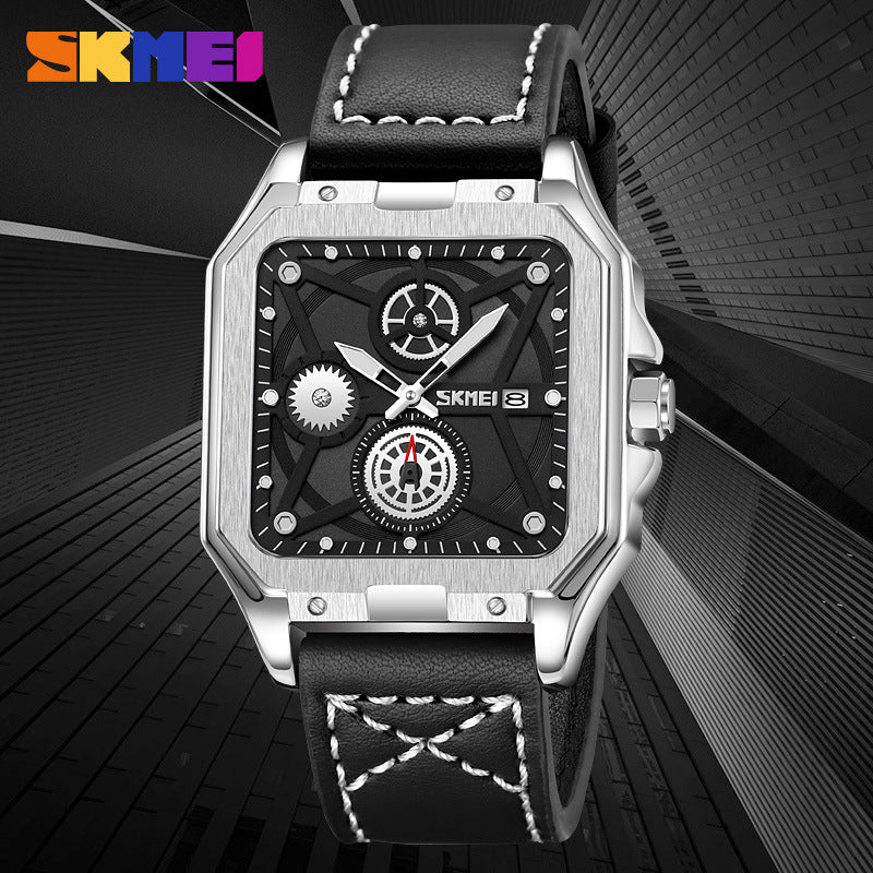 GESMART Men's Square Quartz Watch Independent Second Hand Leather Band Luminous Water Resistant Fashion