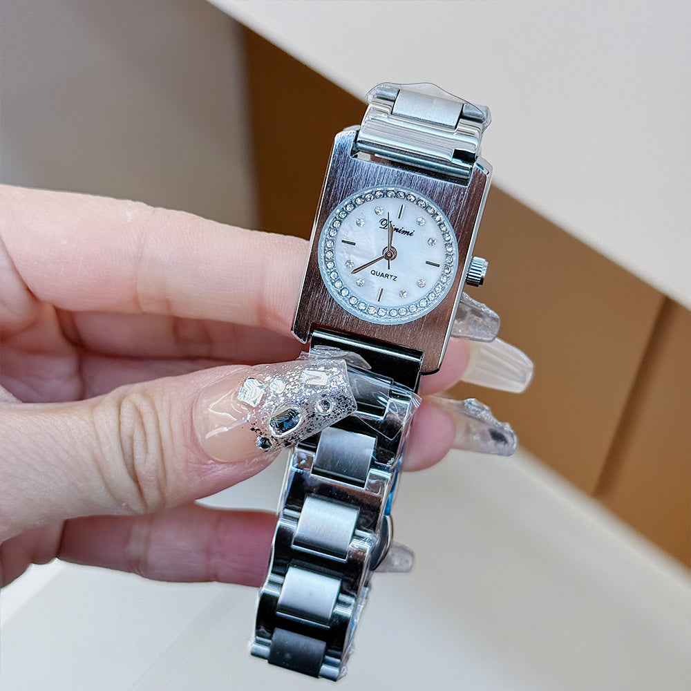 Women's Square-Outside-Round-Inside Steel Rhinestone Watch