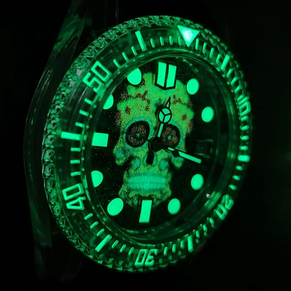 New Transparent 40mm Mechanical Watch Green Luminous Dial NH35 Movement
