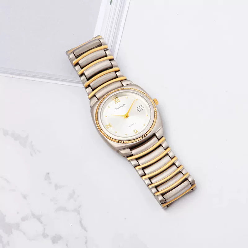 HAIDA Men's Quartz Watch Roman Numerals Yellow White Dial Steel Business NOS
