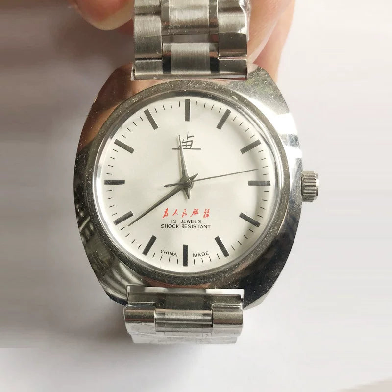 Shanghai Men's Manual Wind Mechanical Watch Round Steel Bracelet NOS