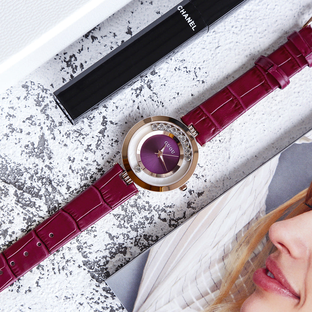 GESMART Women's Crystal Dial Quartz Watch Leather Band Fashion Elegant Genuine Leather Ladies Wristwatch