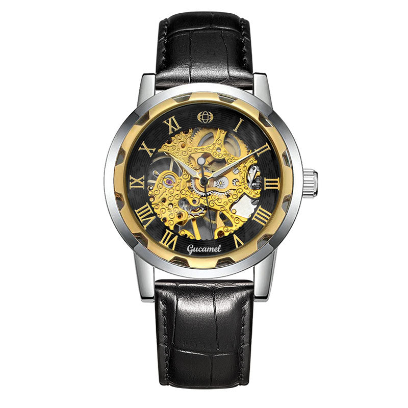 GESMART Men's Gold Tone Steel Band Skeleton Hand Winding Mechanical Watch Fashion Trendy