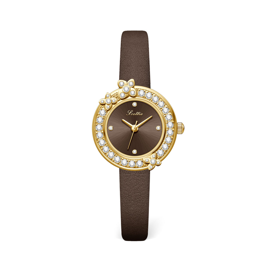 GESMART Women's French Floral Rhinestone Quartz Watch Leather Band Diamond Studded Commuter Ladies Wristwatch