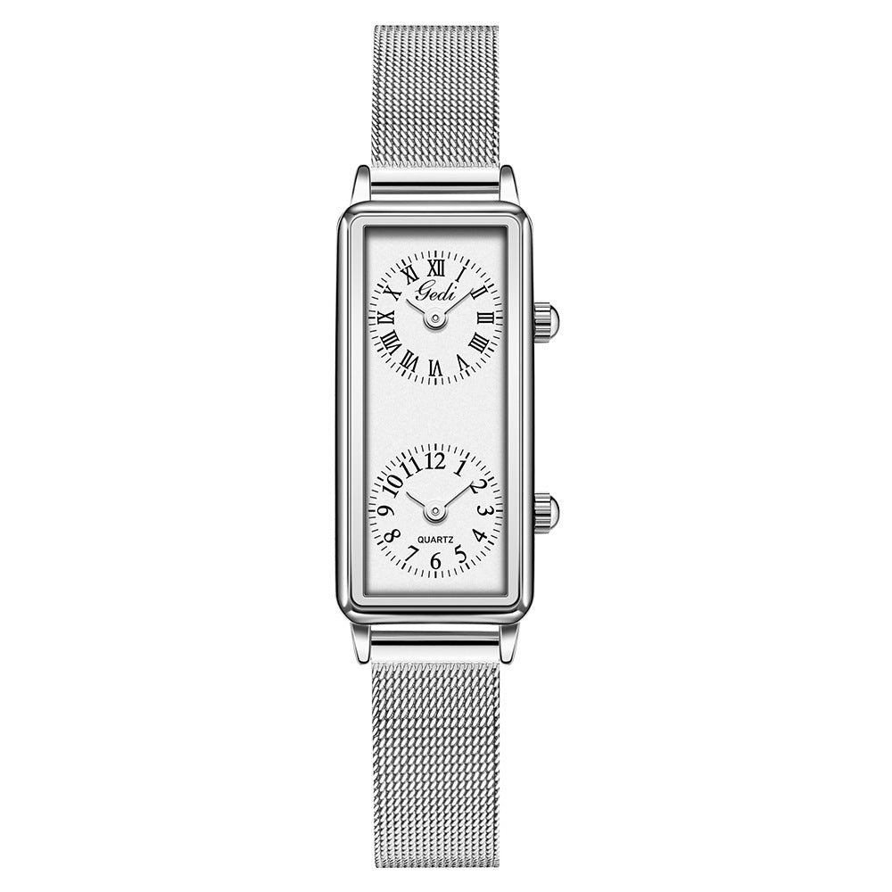 Women's Vintage Roman Numeral Small Square Dual-Time Mesh-Band Quartz Watch