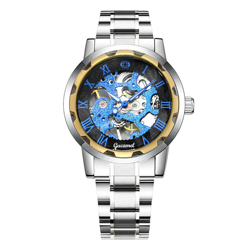GESMART Men's Gold Tone Steel Band Skeleton Hand Winding Mechanical Watch Fashion Trendy