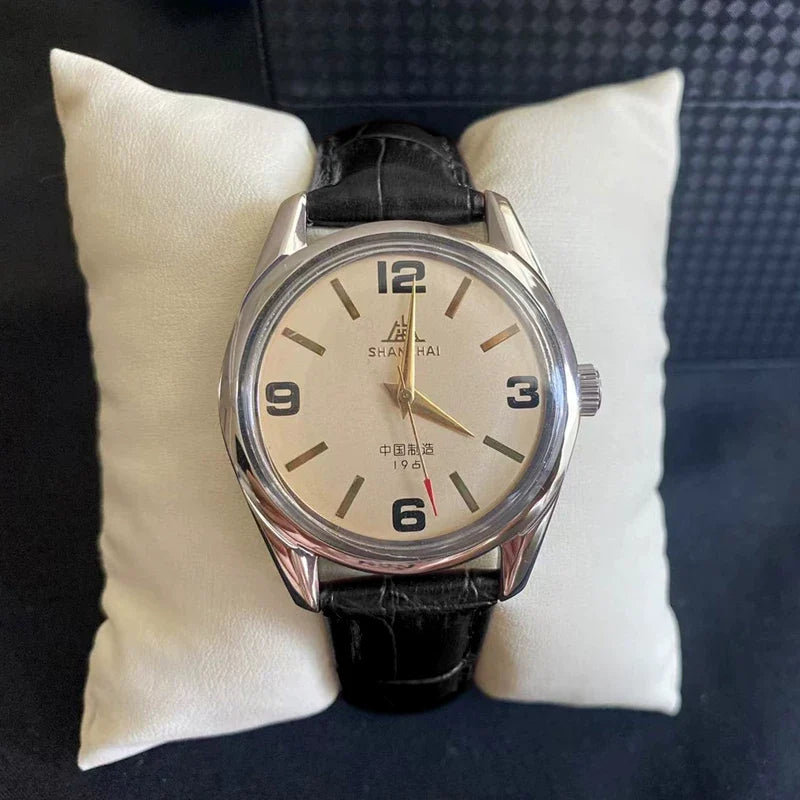 Shanghai Men's Manual Wind Watch Steel Bracelet Large Numeral Dial NOS