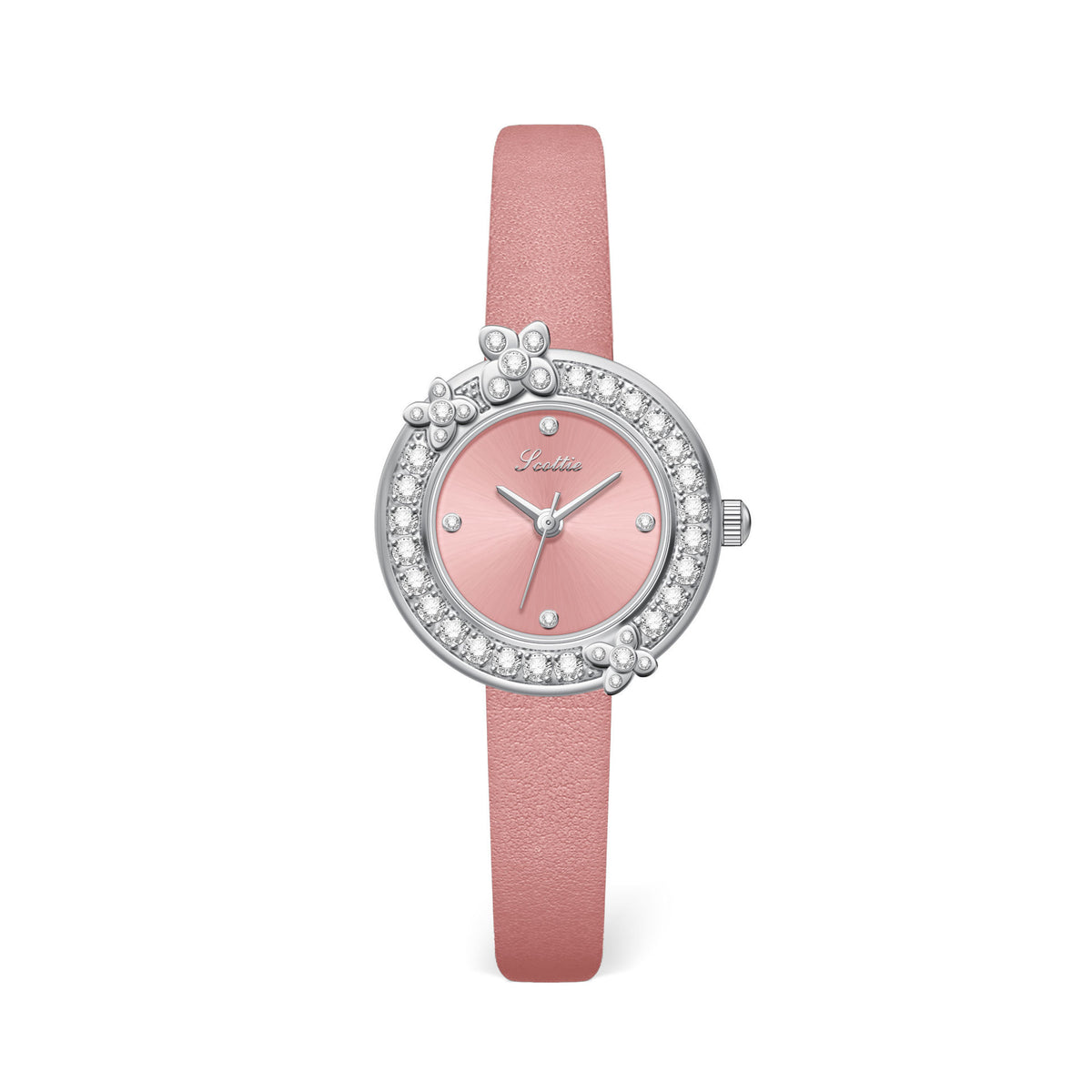 GESMART Women's French Floral Rhinestone Quartz Watch Leather Band Diamond Studded Commuter Ladies Wristwatch