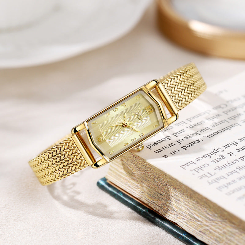 Women's Vintage Leather Mesh Small Square Gold-Tone Quartz Watch