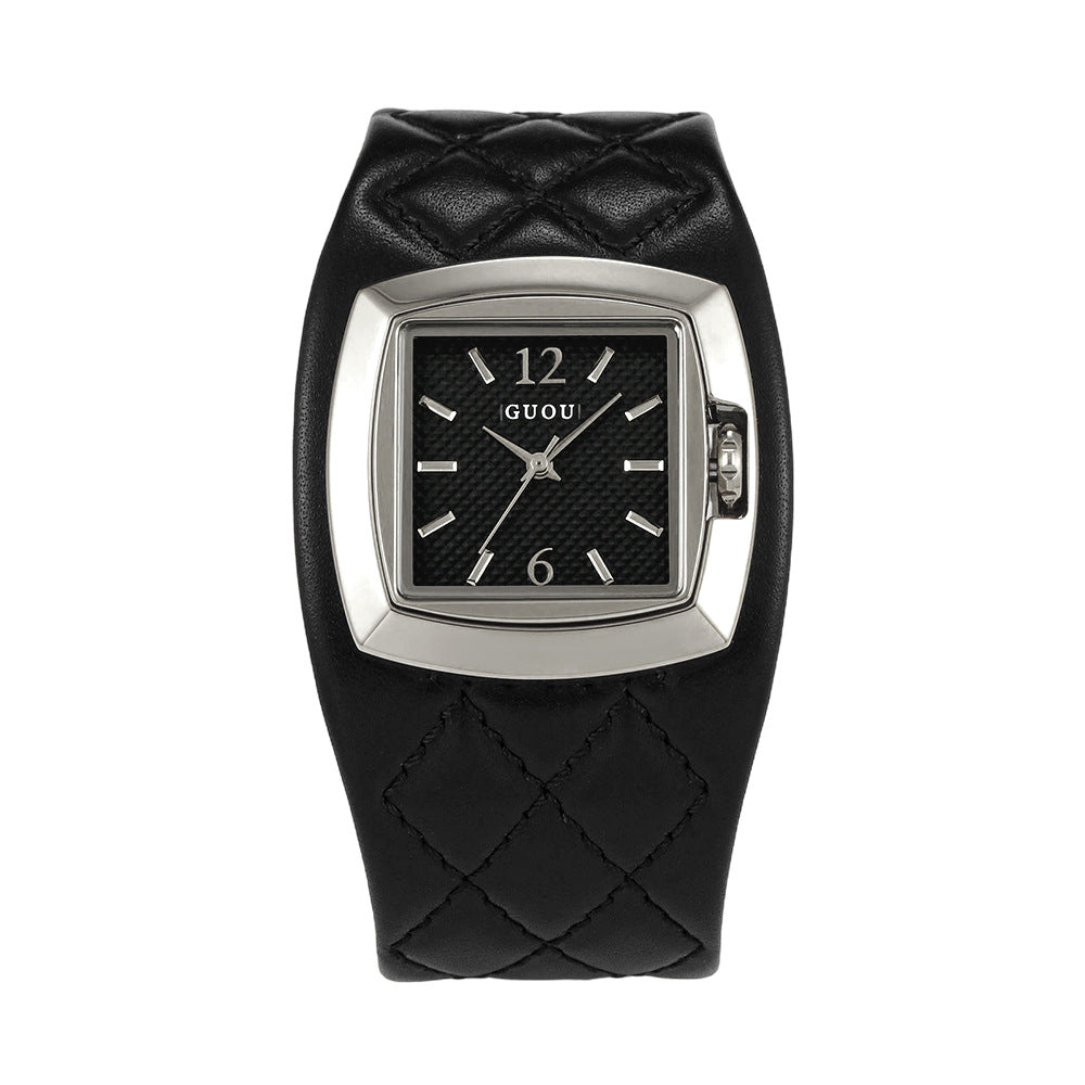 Women's British-Style Plaid Leather Vintage Square Quartz Watch