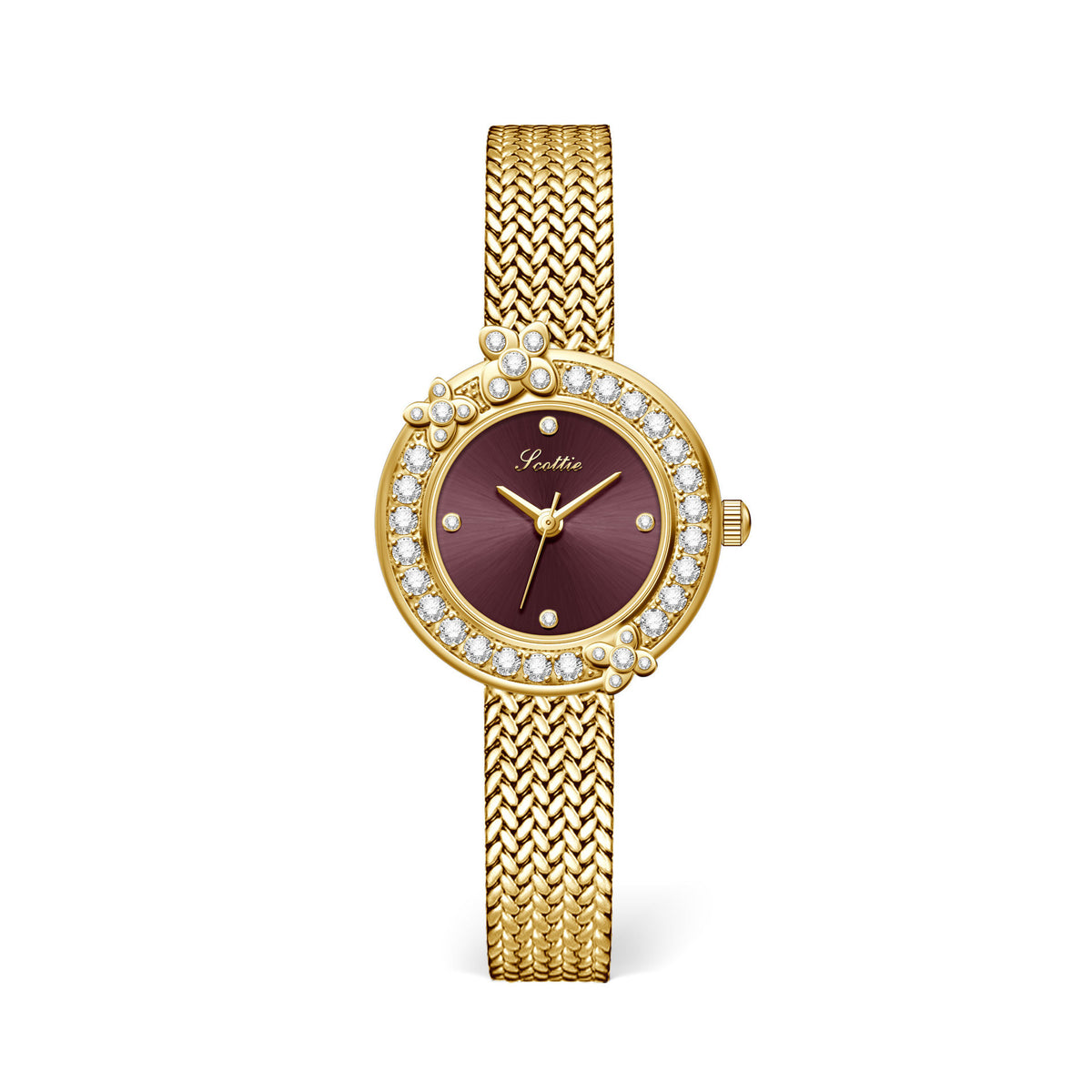 GESMART Women's French Floral Rhinestone Quartz Watch Leather Band Diamond Studded Commuter Ladies Wristwatch