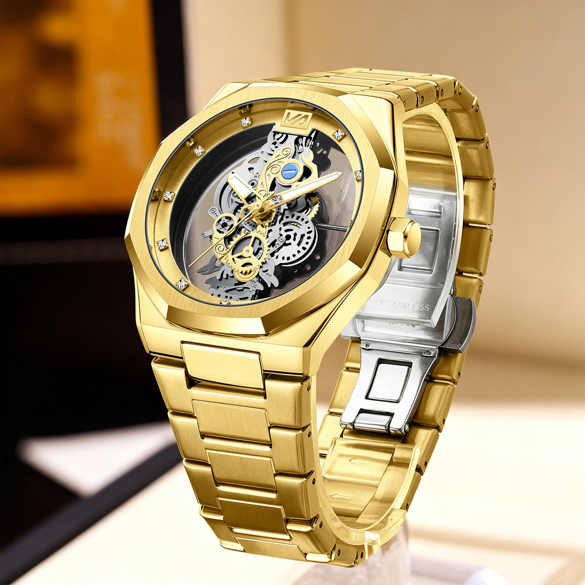GESMART Men's Double Sided Transparent Skeleton Hand Winding Mechanical Watch Water Resistant Luminous