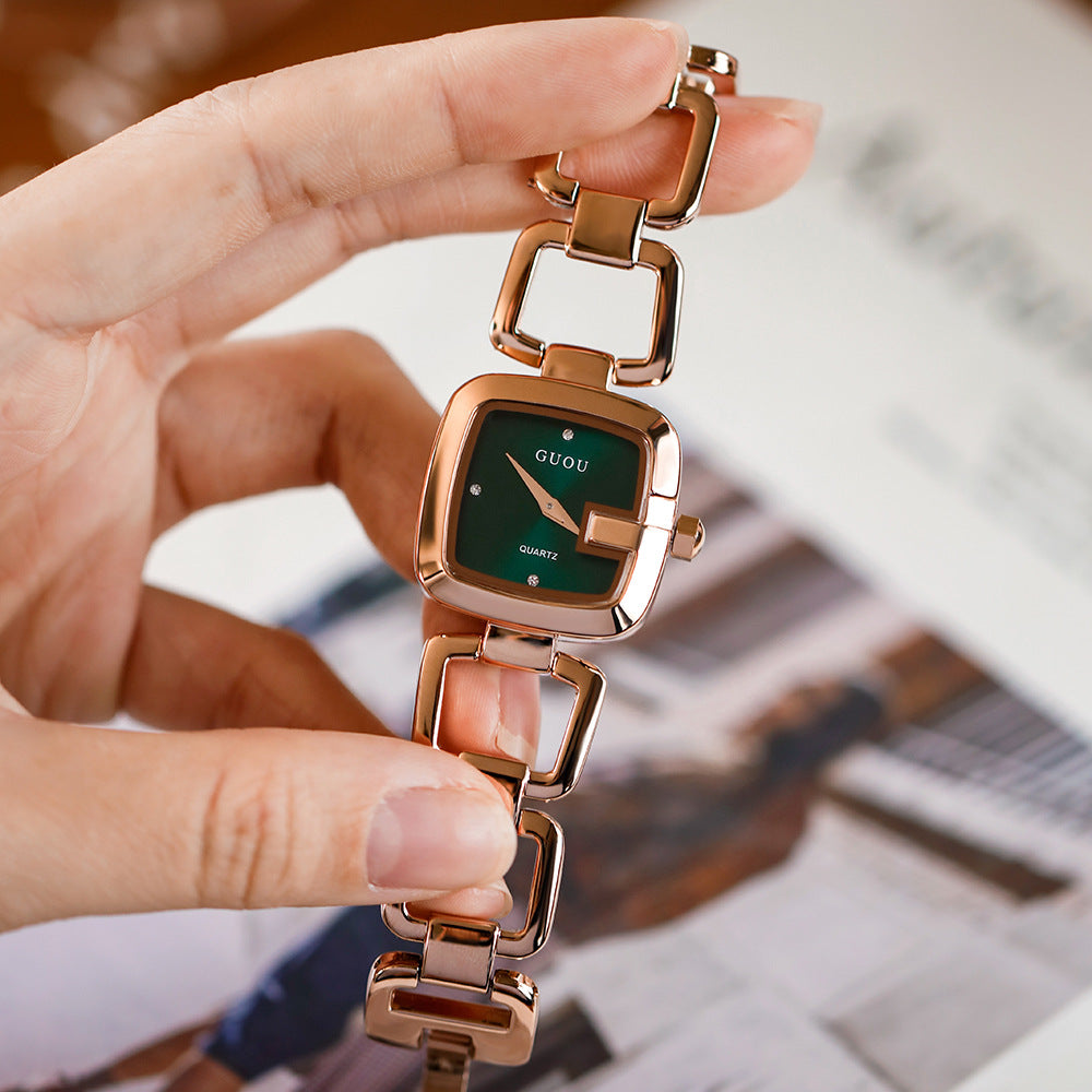 Women's Small Square Steel-Band Rhinestone Bracelet Quartz Watch