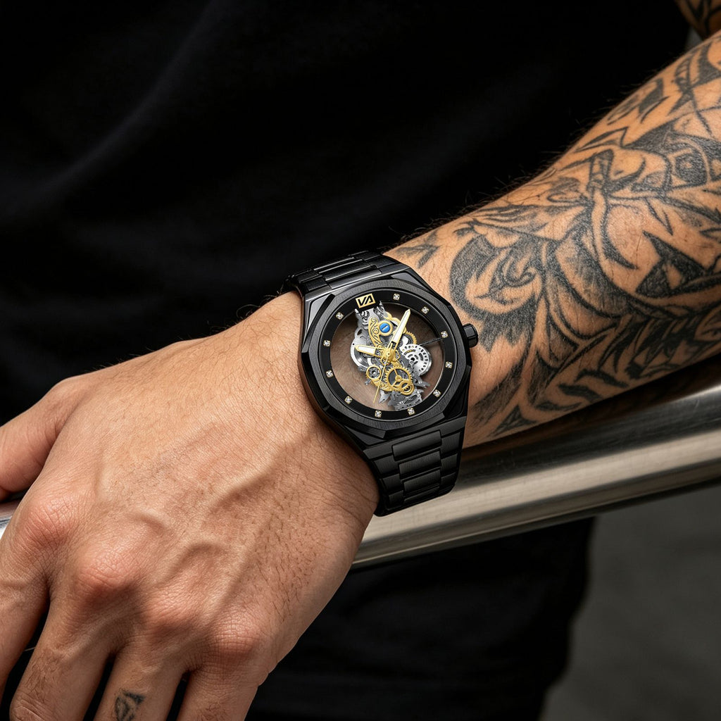 GESMART Men's Double Sided Transparent Skeleton Hand Winding Mechanical Watch Water Resistant Luminous