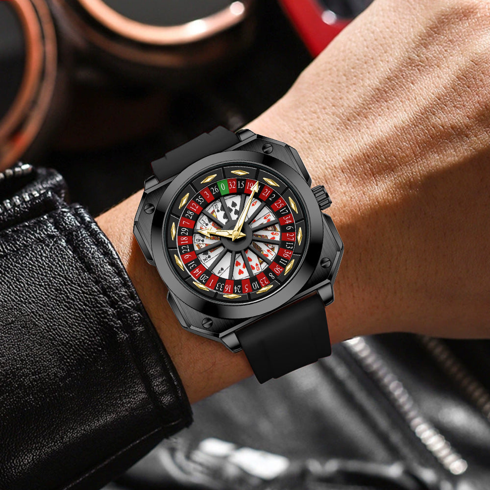 GESMART Men's Caishen Fortune Wheel Quartz Watch Creative Turning Disc Leather Band Luminous Water Resistant