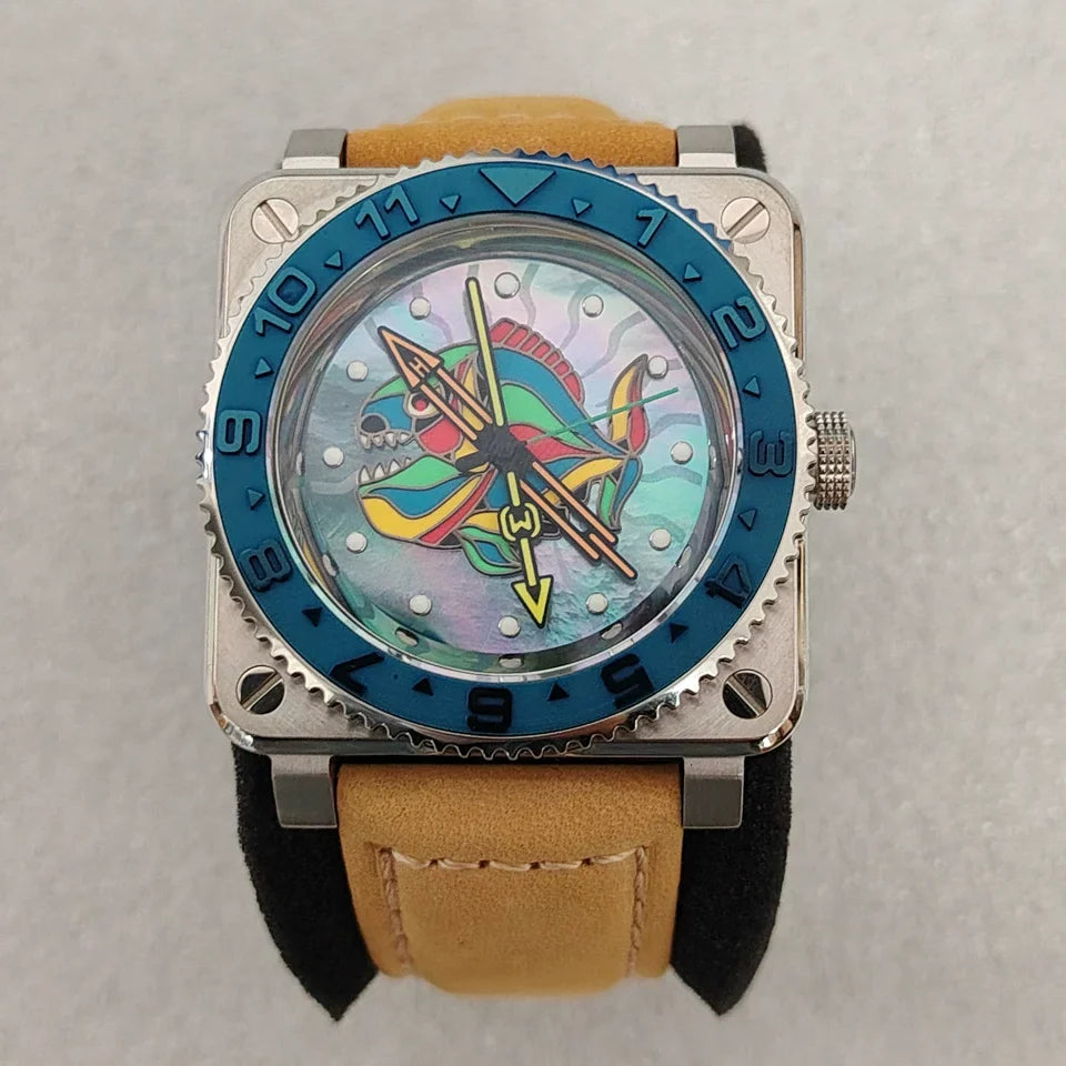 No Logo Men's 42mm Square Watch Luminous Piranha Dial Steel NH35
