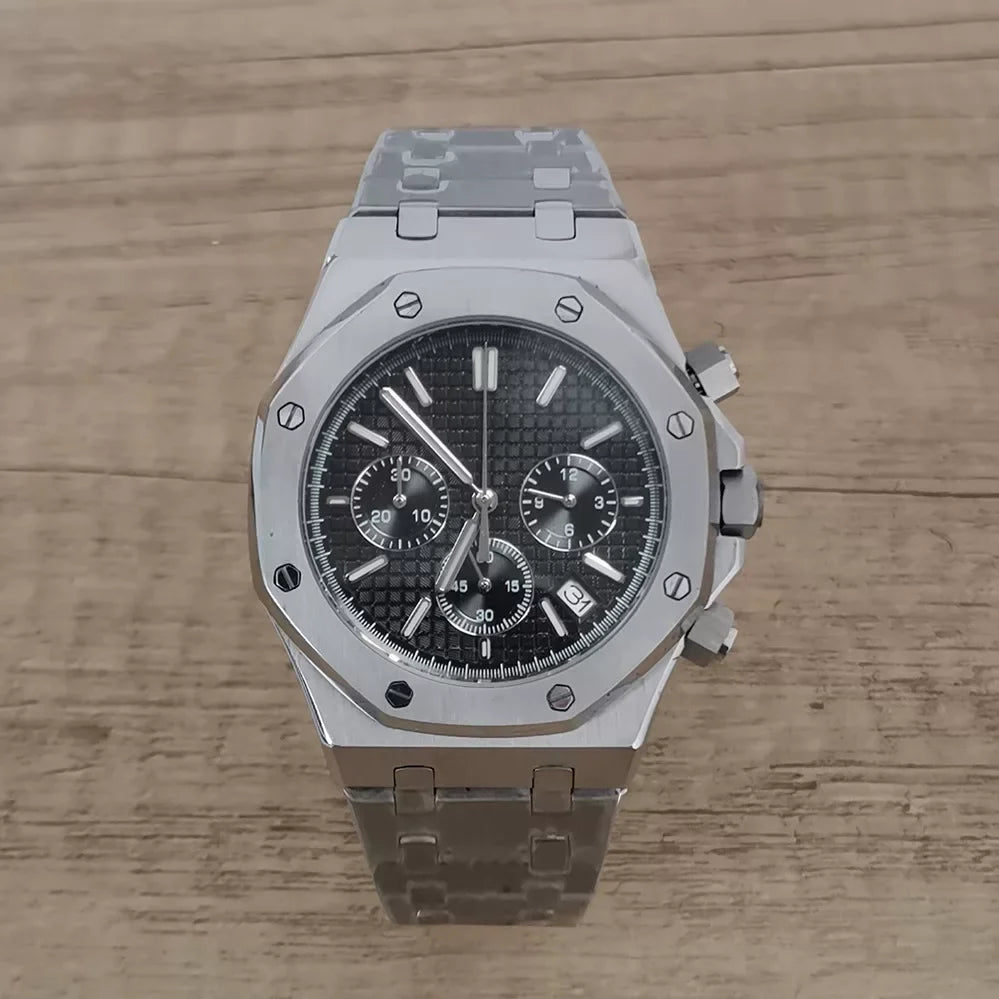 Men's 41mm Quartz Chronograph Watch Stainless Steel Case Bracelet VK63 Movement