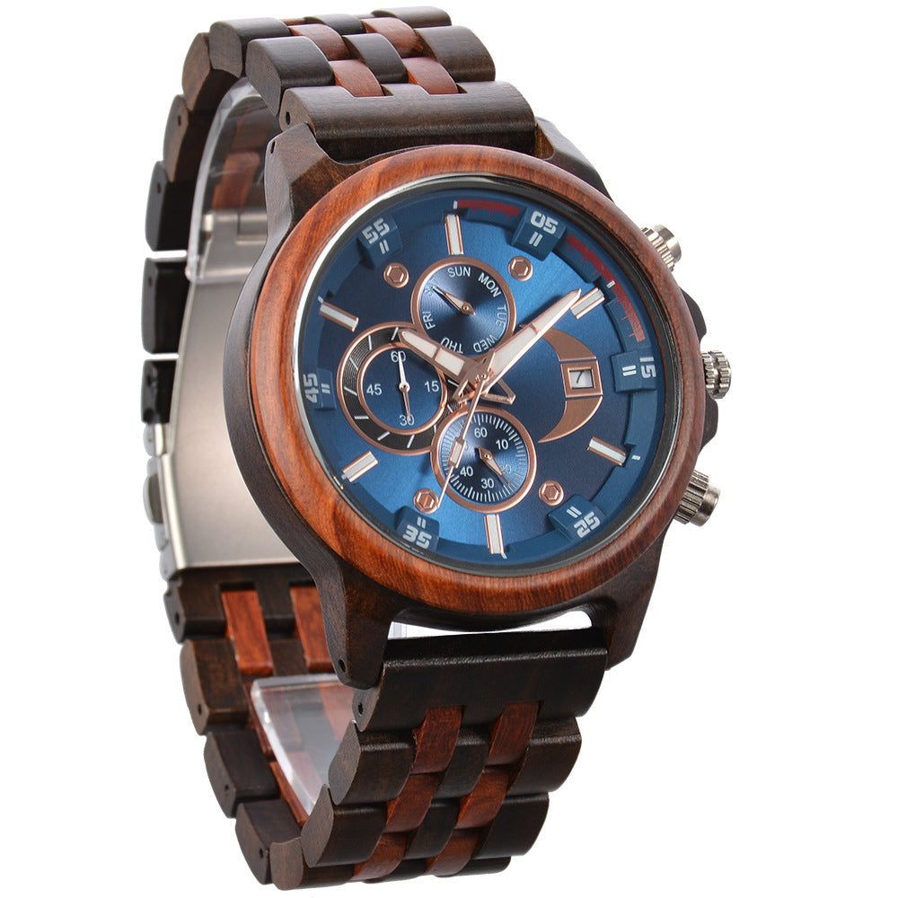 Men's Sandalwood Wooden Three-Eye Multi-Function Quartz Watch
